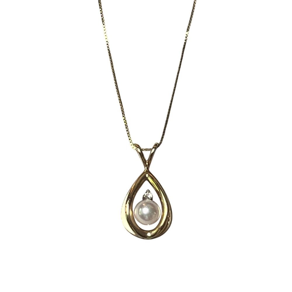 14KT Yellow Gold Pearl Diamond Teardrop Pendant Box‎ Chain Necklace Italy 2.7g